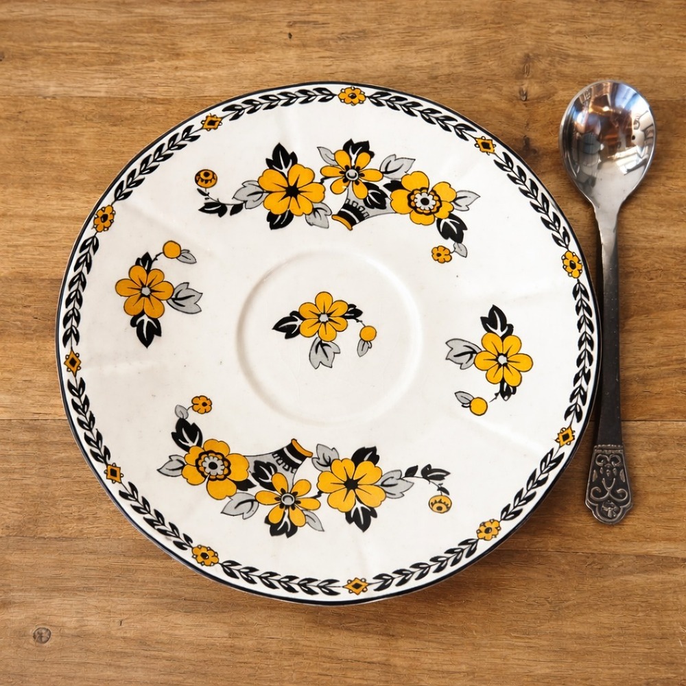 Set of 3 Vintage Allertons England Yellow and Black Floral Saucer Set